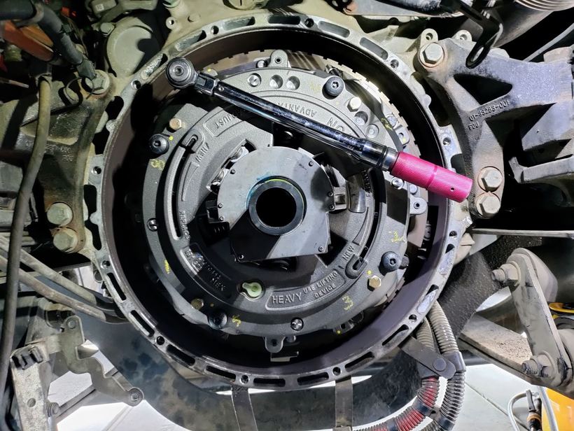 An Eaton heavy-duty clutch being centred and torqued